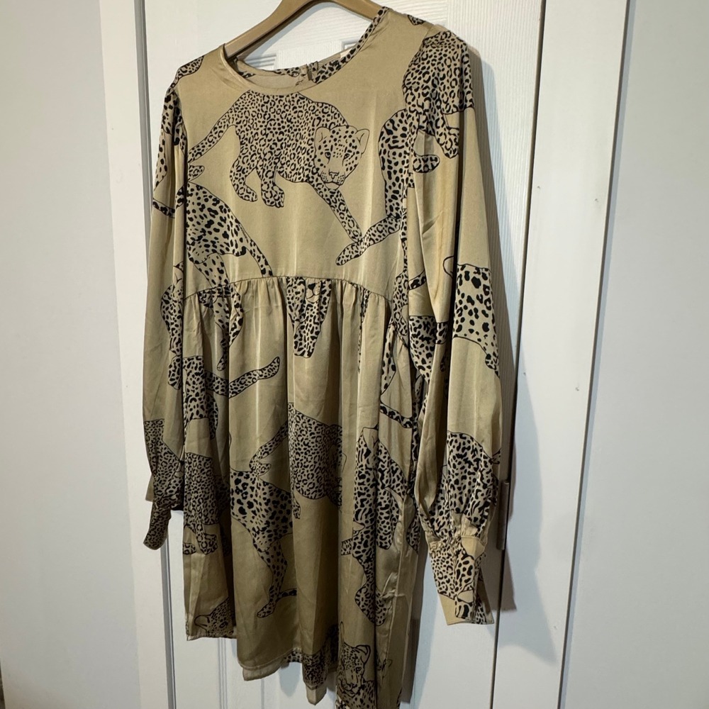 Easel Leopard Babydoll Mini Dress Gold Black Large A-line Boho Chic Animal Print